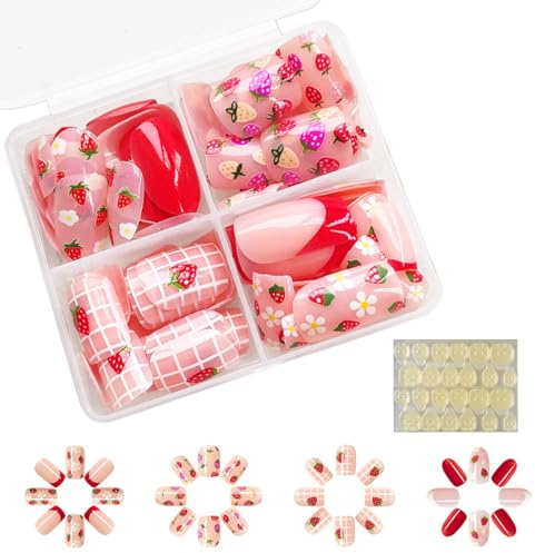 96 Pieces Kids False Nails, Children Press on Fake Nail Tip, Pre-glue Full Cover Short False Nails, Kids Stick on Nails for Girls Nails Art Decoration (Strawberry, Medium)