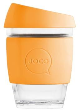 JOCO 12oz Travel Friendly Eco-innovative Borosilicate Reusable Classic Glass Coffee Cups, Microwave Safe Travel Coffee Cup, 100% Plastic Free Thermal Shock Resistant Glass Mug (Orange Sun)