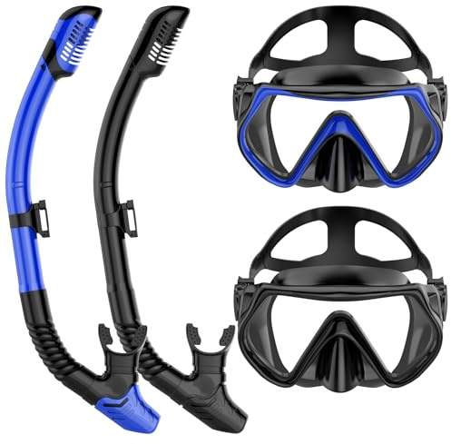 Snorkeling Gear for Adults, Adult Snorkel Mask Set Scuba Diving Dry-Top, Swimming Goggles w/Nose Cover, HD Tempered Glass Panoramic Anti-Leak Anti-Fog, Travel Snorkeling Packages, 2 Pack