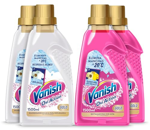 Vanish Oxi Action Gold Multipoder - Quitamanchas multibeneficio, blanqueador y potenciador del lavado, para ropa blanca y de color, en gel, sin lejía - 4 x 1500 ml (6000 ml)