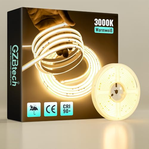 GZBtech 230V COB LED Streifen 3m 3000K warmweiß, CRI90+ selbstklebend Flexible silikon Lichtband, 1000lm/m Aussenbereich strip light für TV Hintergrundbeleuchtung schrank beleuchtung Schlafzimmer