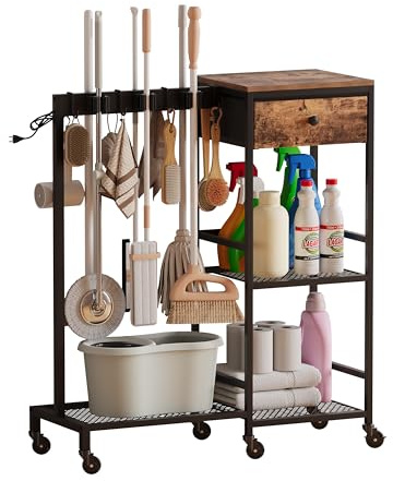Unionly Heavy Duty Metal Cleaning Cart with Wheels,Broom Holder with Cleaning Supplies Organizer,Broom Storage Cart with Mop Hanger Gripper Rack Hooks for Home, Commercial (Rustic Brown, 29.72 L)