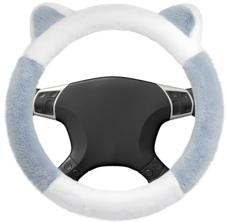 shallyong Lenkradbezug Plüsch Winter, Lenkradhülle Flauschiger Plüsch mit Ohren, Lenkradschoner Warm & rutschfest, Niedliches Autozubehör Innenraum, Universal Auto-Lenkradabdeckung (Blau und Weiß)