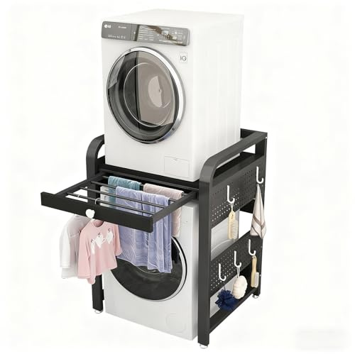 Soporte Secadora Sobre Lavadora Kit Union Lavadora Secadora Con Panel Perforado Y Percha Retráctil Capacidad De Carga 200 Kg Ideal Para Lavanderías Apartamentos Dormitorios Y Balc BlackFrame+BlackTop