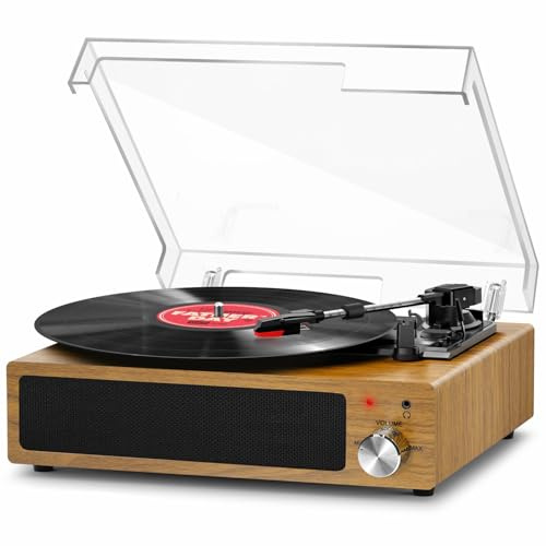 FYDEE Record Player, Built-in Speakers & Bluetooth Receiver, Natural Wood | 3-Speed (33/45/78 RPM) Turntable, RCA/AUX, 3 LP Sizes, Headphone Jack, Auto-Stop, Dust Cover, Ideal for Home Listening & Gift