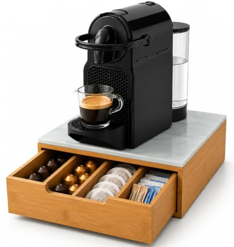 BAKAJI Portacapsule Contenitore Cassetto Porta Cialde Capsule Nescpresso Dolcegusto Modomio Caffe Lavazza Bustine Tè Zucchero realizzato in Legno di Bambù Bamboo (31,5 x 30 x 10 cm Sky White)