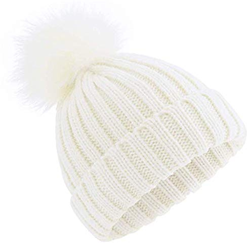 feifanshop Damen Echtfell Fuchspelz Fell Pelz Bommel Strick Mütze Winter-Mütze Bommelmütze