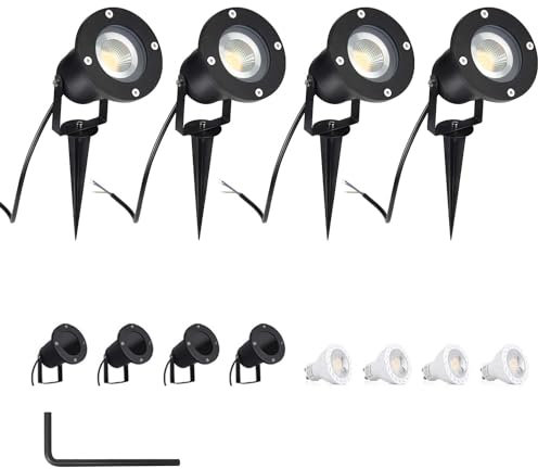 CPROSP 4PCS 5W Faretto da Giardino GU10 Proiettore LED Spot con Picchetto Esterno IP65 Bianco Naturale per Esterno Giardino 4000K, Lampadina LED Inclusa