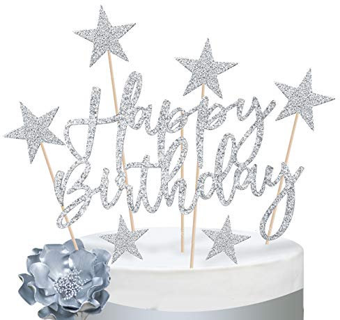 iZoeL 2 Set Argento Compleanno Torta Topper, Buon Compleanno Stella Decorazione Della Torta Per Ragazza, Ragazzo Feste Di Compleanno