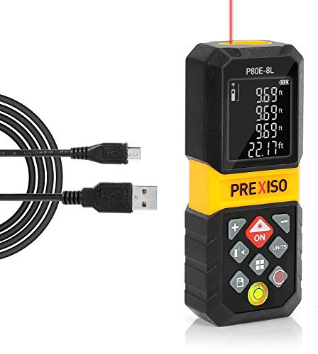 PREXISO Misuratore laser, misuratore di distanza laser ricaricabile da 265 m con unità di misurazione multipli M/In/Ft, display LCD retroilluminato a 4 linee e modalità pitagorica, distanza, area