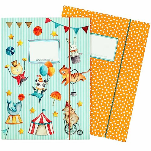 2 högkvalitativa skolmappar för barn DIN A4 | motiv cirkus - postmapp för grundskoleelever - anteckningsboksamlare - sadelhäftare - set nummer 3