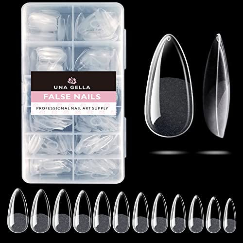 UNA GELLA Capsule Américaine Ongle Medium Amande, 216 Pièces 12 Tailles Capsule Ongle Almond préformées pour une couverture complète des ongles acryliques pour l'art des ongles