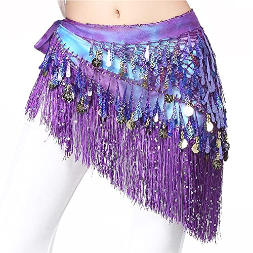 Nimiman Belly Dance Hip Scarf with Tassels Sequins, Triangle Coins Wrap Skirt Music Festival Clothing (Purple), One Size