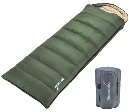 Skandika Schlafsack Iceland | Deckenschlafsack mit Polycotton Innenfutter für Erwachsene, koppelbar, 3 Jahreszeiten, bis 5° C, 220x80 cm, Kompressionstasche | Winter Outdoor Camping Wandern (dkl grün)