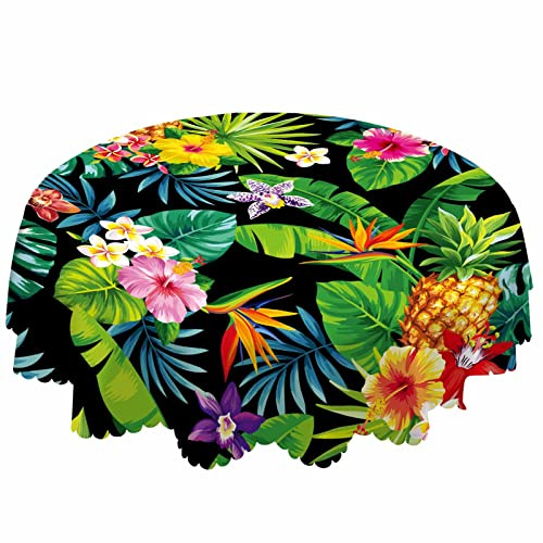 AOYEGO Palm Leaves Tablecloth Round Tropical Table Cloth 60 Inch Flowers Pineapples Fruit Lily Orchid Exotic Summer Tablecloths for Dining Room, Party, Banquet