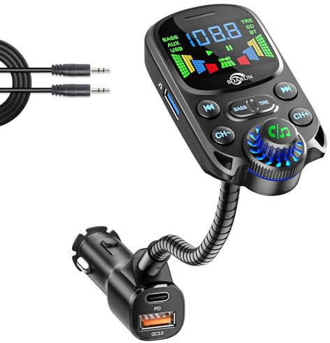 SOARUN Bluetooth 5.3 FM Transmitter, 48W AUX Car Adapter Charger with HiFi Sound, Wireless Radio Receiver, Hands-Free Car Kit with 1.6'' Display, Supports Aux & TF Card & USB Disk Play for car music