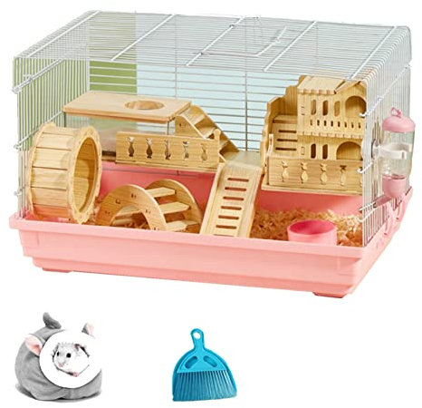 xixi-Home Hamsterkäfig mit 2 Etagen, syrischer Hamster, Zwerghamster, Kleintierkäfig, Lebensraum mit Griff, Zubehör, leicht zu reinigen, großer Haustierkäfig für Mäuse, Ratten47 x 30 x 30 cm, Rosa 1