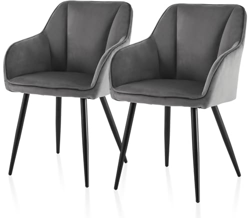 TUKAILAI Esszimmerstühle 2er Set, Samt Stühle Esszimmer mit Armlehne, Armlehnstuhl, Küchenstuhl, Polsterstuhl aus Polyester mit Metallbeine und Rückenlehne für Esszimmer Wohnzimmer Küche,Grau