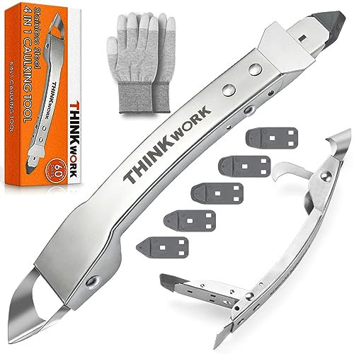 THINKWORK Silicone Caulking Kit, 4-in-1 Sealant Finishing Tool, Stainless Steel Caulk Remover with Pads, Smoothing Removal Tool for Home, Kitchen, Bathroom, Window, Floor, Sink, Tile Joint