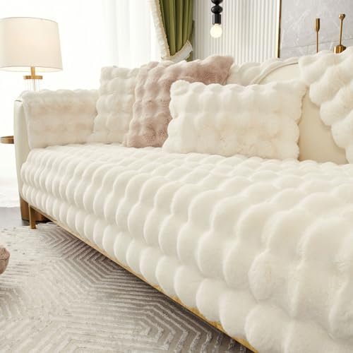Topchances Soft Plush Sofa Cover - New Non-Slip Sofa Covers 1 2 3 Seater, Rabbit Faux Fur Couch Covers, Fluffy Couch Cover, Sofa Cover L Shape Furniture Protector for Living Room (Beige, 70x70)