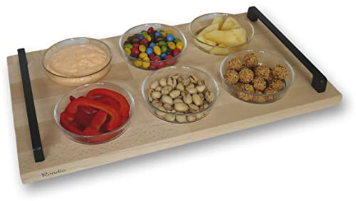 Rondia Bowls – Serviertablett mit Griffen und integrierten Schüsseln, Servierschalen, Snackschalen, Dessertschalen Set für Grillen, Raclette, Schoko-Fondue, Tapas, Dips, Partys und mehr – 6x 250ml