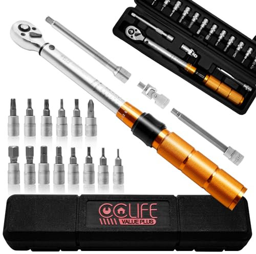 CCLIFE Chiave Dinamometrica 1/4 1-25 Nm, Bici, Auto e Moto Chiavie Dinamometrica Set con Prolunga 10 cm, Giunto Universale, 19 Pezzi