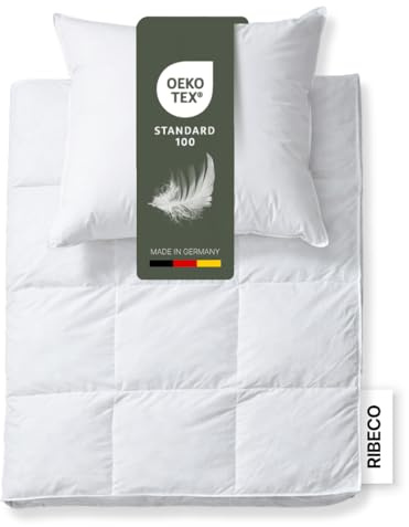 RIBECO GERMANY Daunenbettdecke Johanna 155x220 cm & Kopfkissen 80x80 cm Set | Wärmeklasse: warm, Daunendecke & Kopfkissen aus Federn & Daunen, hausstauballergikerfreundlich, Made in Germany