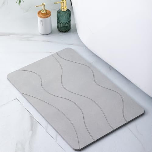 Pure 4Home - Tappeto bagno in pietra diatomite 60x40 cm, assorbente, asciugatura rapida, antiscivolo, carta vetrata per impurità e opacizzazione | Tappeto bagno assorbente (Gray Waves)