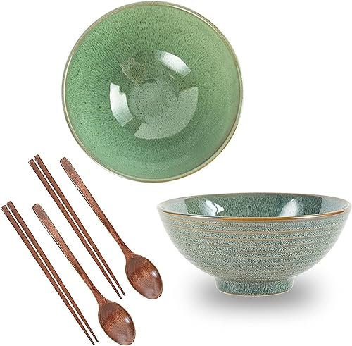 Bol à ramen, bol à salade, bol à fruits, bol à ramen, grands bols de service, ensemble de 2 bols à ramen au design vintage, ensemble de bols Pho et cuillères, bol à nouilles Udon, bouillie, Punch-vert