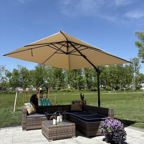 PURPLE LEAF Sombrilla Terraza Exterior 2,7 x 3,6 m Rectangular con Base en Cruz, Sombrilla de jardín con Protección UV 50+ Inclinación Bidireccional, Rotación de 360° y 5 Ajustes de Altura, Beige