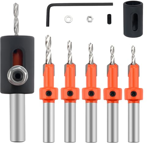 YIXISI 5 PCS 10mm HSS Countersink Drill Bit Set, Woodworking Chamfer Counter Bit, Tapered Drill Bit for Wood Drilling, with Drill Stop Ring and Hex Wrench