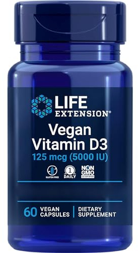 Life Extension, Vegan Vitamin D3, 5000 IU (125mcg), from Algae, Depot, 1 Capsule Every 5 Days, 60 Vegan Capsules, Vegetarian, Gluten-Free, SOYA-Free, GMO-Free