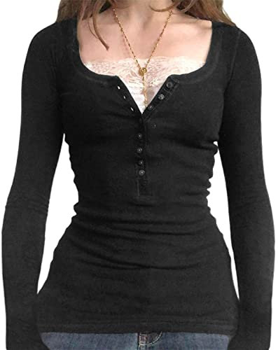 Geagodelia Camicia da donna Y2K a maniche lunghe con scollo a Henley, in costina, con pezzature in pizzo, a righe, aderente, stile Fairy Grunge, vintage, casual, per adolescenti e ragazze, S