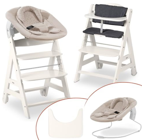 hauck Hochstuhl Beta+ Newborn Set - Babyhochstuhl Set ab Geburt mit 2in1 Neugeborenen Aufsatz Bouncer, Sitzpolster und Essbrett - Weiß | Winnie the Pooh