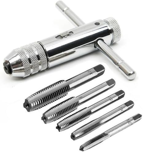 Fixinus Gewindeschneidsatz, 6 Stück HSS Handgewindebohrer Set, M3 M4 M5 M6 M8 Gewindebohrer mit Verstellbaren T-Griff Windeisen Gewindeschneidwerkzeug