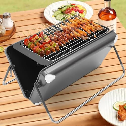 2-in-1 Tragbarer Campinggrill aus Stahl mit Grillrost, Freistehend Klappbarer Holzkohlegrill mit Kohlebehälter und Gasventil, Camping Grill Klappgrill Campingkocher für Outdoor Garten