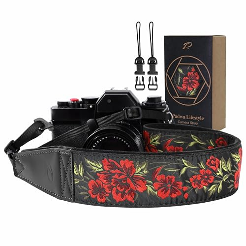 Padwa Lifestyle Kameragurt - 2“ Vollnarbenleder Kameragurte für Fotografen, Vintage bestickt Baumwollgewebe weiches Wildleder Stoff gepolstert Riemen Schnellspanner passt alle Kameras -Rote Rosen