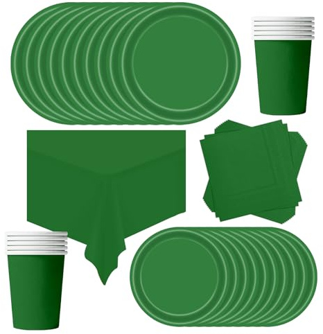 POPOYU Partygeschirr Kindergeburtstag Grün,69 Stück Geburtstagsparty Geschirr Pappteller Set,Tischdecke Papier Tassen Teller Servietten zum Weihnachten,Geburtstag,Hochzeiten,Jubiläums(16 Gäste)
