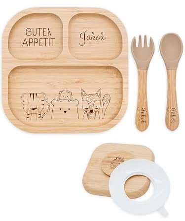 Bärenfreunde® - Personalisierter Teller mit Saugnapf - Praktisches Beikost Zubehör mit Namen - Baby Teller Rutschfest - Personalisierte Geschenke (Tiere Unten Nebeneinander)