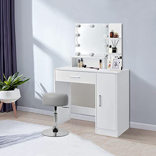 ML-Design Schminktisch Frisiertisch Weiß mit LED-Beleuchtung, Spiegel und Hocker Hellgrau, Schminkkommode mit 1 Schublade, 3 Fächer, Schrank, 90x38x137 cm, Damen & Mädchen Kosmetiktisch Frisierkommode