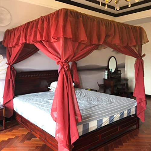 King Red Betthimmel mit luxuriösem 4 Eckpfosten Moskitonetz für Mädchen Frauen Erwachsene Hochzeit Schlafzimmer Kinderzimmer – Elegante Baldachin Vorhang Dekoration