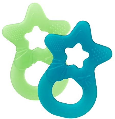 dentistar Beißring 2er-Set – Teether für Babys & Kleinkinder ab 3 Monate – Baby Beißring mit Griff aus weichem Material zur Zahnungshilfe & Massage – Made in Germany – Blau & Hellgrün