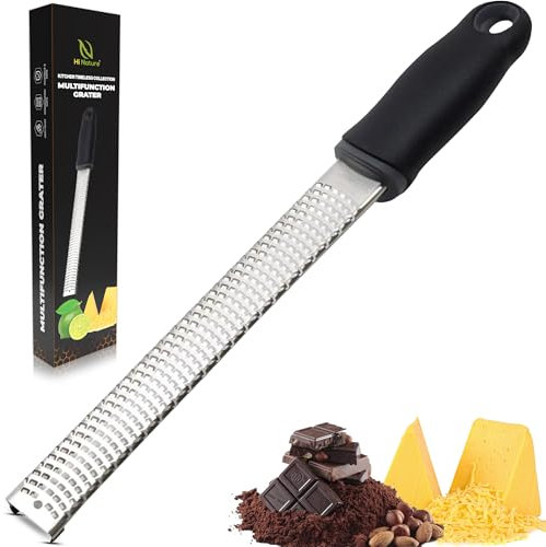 HI NATURE™ Rallador Zester de Mano Largo – Rallador de Queso, Limón, Jengibre, Ajo y Chocolate – Acero Inoxidable con Mango Ergonómico y Funda Protectora