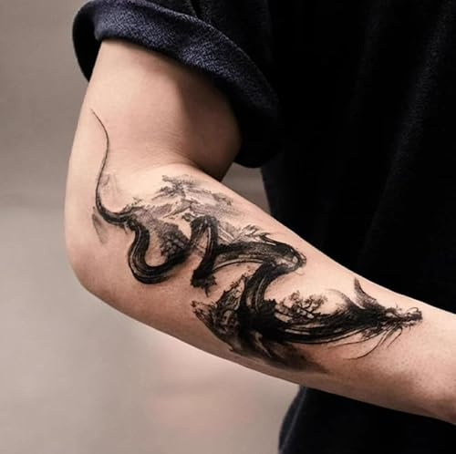 Temporary Tattoos Stickers Fake Tattoos Chinese Style Mountain Dragon Herbal Juice Semi-Permanent Lasting 2 Weeks Anti-Rub Non-Reflective Flower Arm Forearm Men And Women