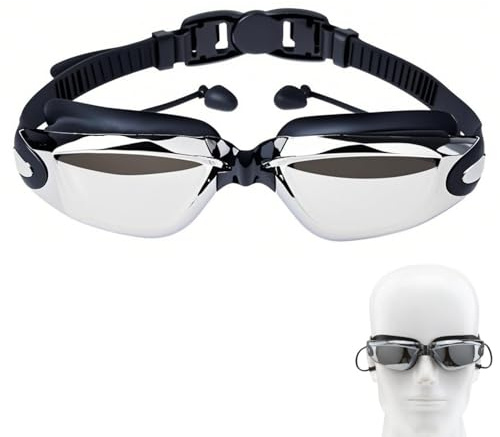 Occhialini da Nuoto Polarizzati, Goggles Nuoto a Specchio Anti Nebbia e Anti UV, Confortevole Swim Goggles con Tappi per Orecchie, Occhiali Swim con Cinghia Regolabile per Uomini,Donne e Giovani