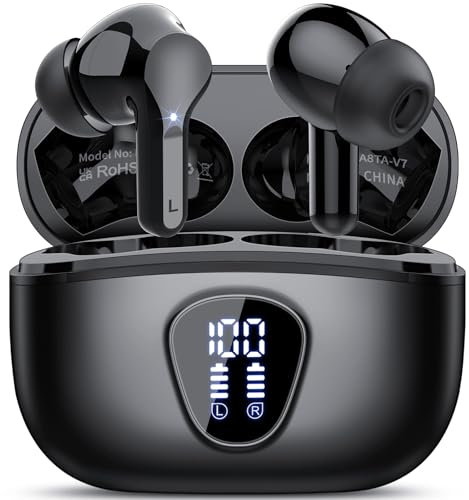 BESNOOW Ecouteurs Bluetooth sans Fil, Écouteurs 5.3 Oreillette Bluetooth Basses Immersives avec 4 ENC Mic, Casque sans Fil 40H avec Écran LED, Étanche IP7 Contrôle Tactile, Noir