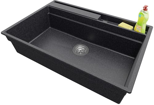 PRIMAGRAN Lavello da Cucina Grafite 78x53cm, Lavandino in Granito a 1 vasca + Sifone Classico, Lavabo Incasso al mobile 80cm - Oslo Pocket S224