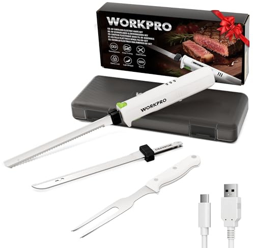 WORKPRO Cuchillo Eléctrico Inalámbrico 8V, Lavable en Lavavajillas, con Caja de Almacenamiento, 2 Cuchillas de Acero Inoxidable, Tenedor, Ideal para Carne, Pan, Jamón y Queso