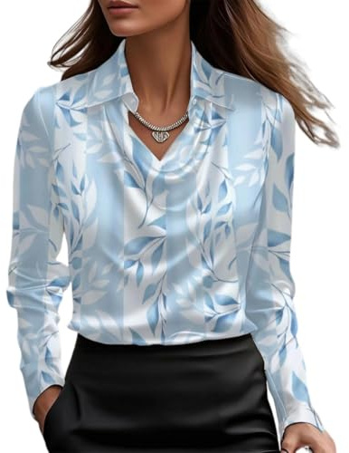ORANDESIGNE Camicia Donna Raso Elegante Blusa Scollo a V Camicette Maniche Lunghe Bluse Ufficio Lavoro Primavera Autunno B Azzurro L
