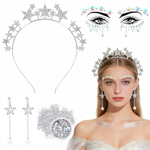 Sterne Haarreif Silber Karneval Glitzer Stern Kopfschmuck ,Sterne Stirnband Haarreifen Accessoires mit Stern Ohrringe Gesichtstattoo,Sternen Haarschmuck für Fasching Karneval Geburtstag Damen MäDchen